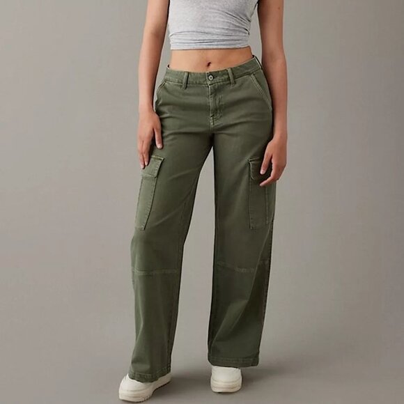 American Eagle Outfitters Pants - American Eagle NWT Cargo Curvy Stretch High-Rise Baggy Wide Leg Army Gre…